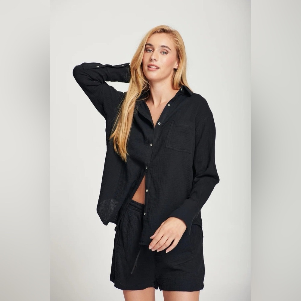 Line the Label Zosia Gauzy Cotton Button Down Shirt Black
